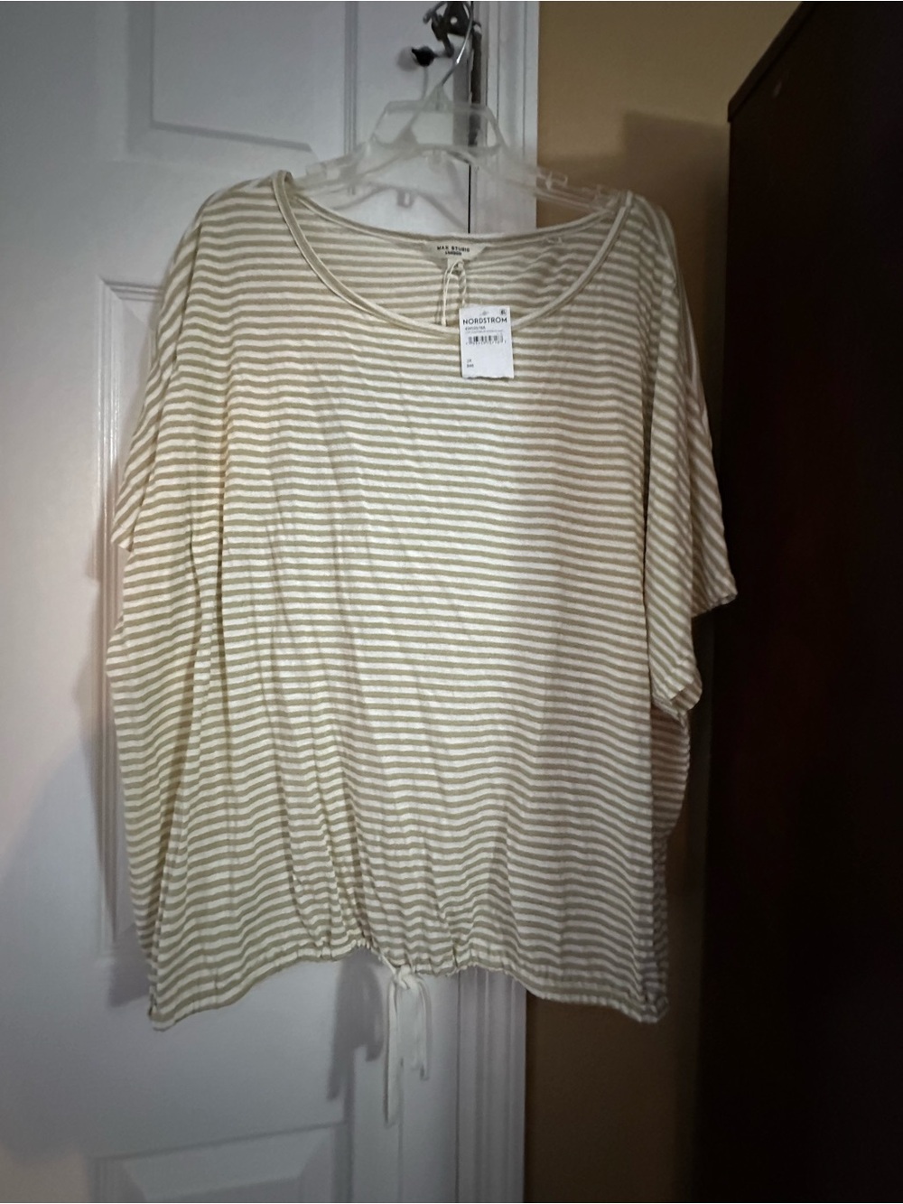 Max Studio Beige and Cream Striped Drawstring-Hem Tunic